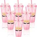 Reallnaive 6 Pcs Pink Sleepover Party Supplies for Girls Slumber Sleepover Squad Cups with Lid Straw and Twist Bow 24 oz Slumber Plastic Tumblers for Spa Pajama Birthday Party Favors Supplies