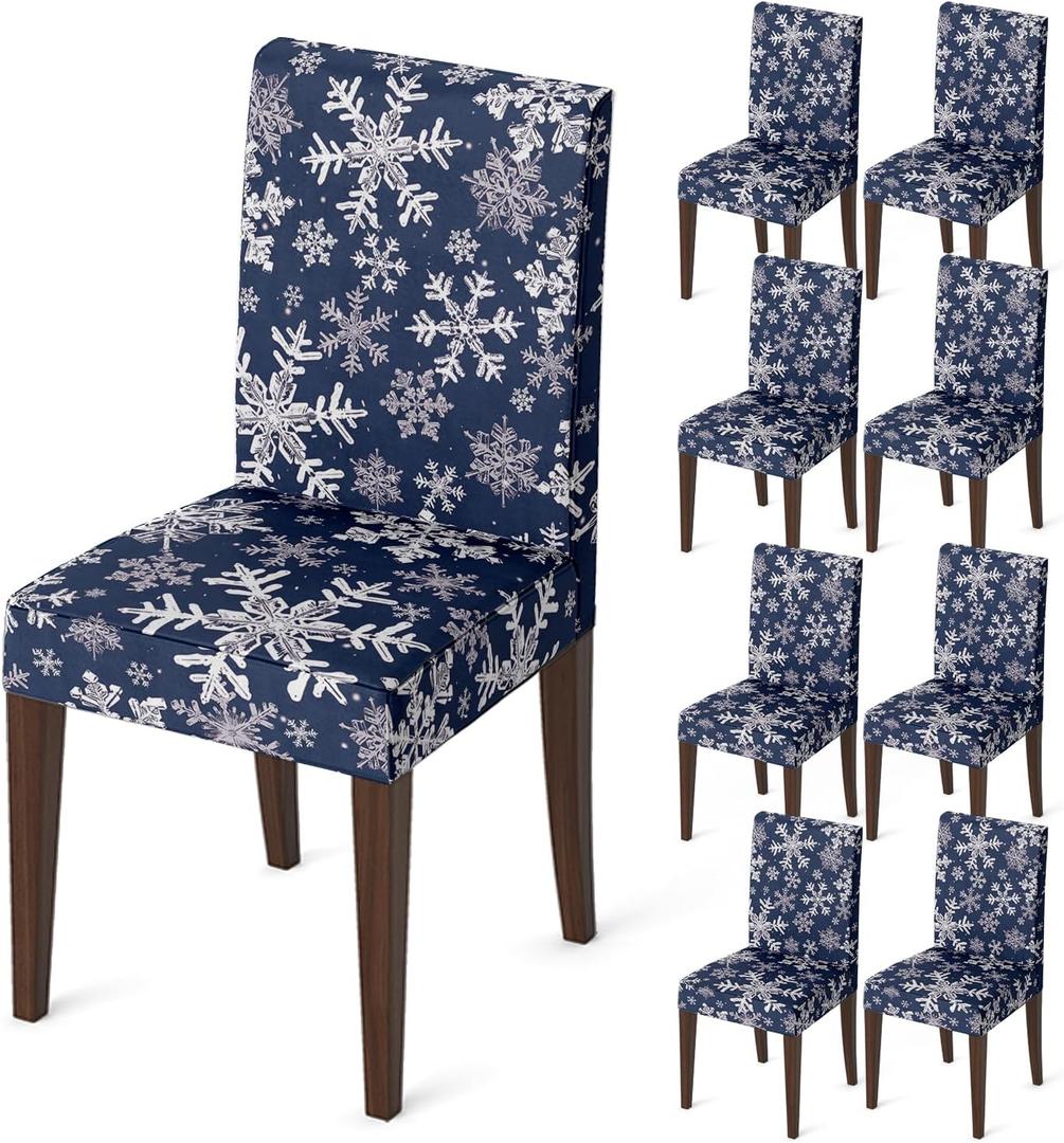 Horaldaily 8PCS Christmas Dining Blue Chair Covers, Simple Snow Stick Figure Stretch Removable Washable Slipcover Chair Protector for Dining Room Home Decor