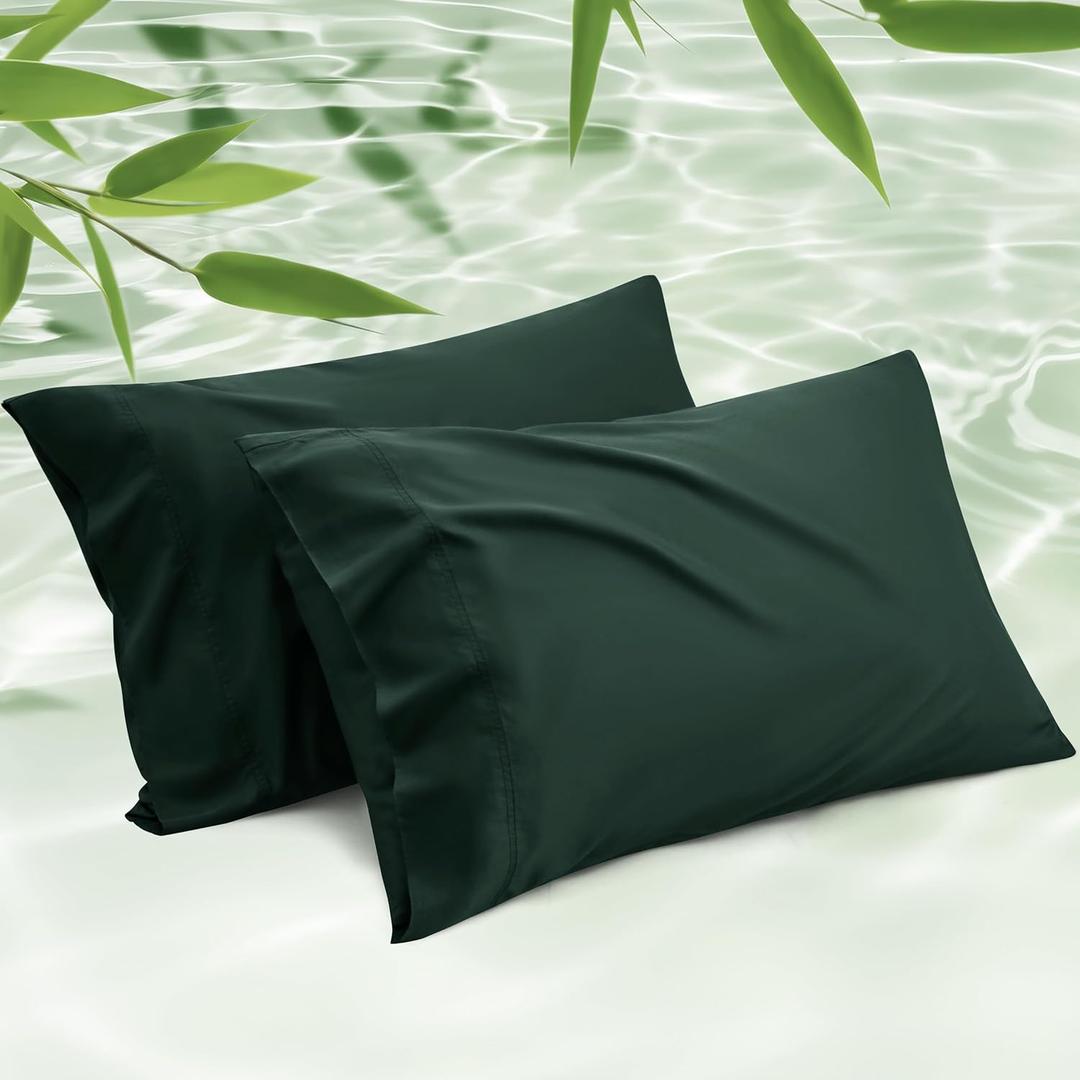 Bedsure Pillow Cases Queen, Cooling Pillow Cases, Rayon Derived from Bamboo Forest Green Pillowcases Queen Size Set of 2, PureWoven Soft Bedding Pillow Covers with Envelope Closure, 20x30 Inches