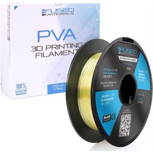 Fused Materials PVA Filament 1.75mm  Water-Soluble Support Material for 3D Printing  Compatible with Bambu Lab, Polymaker, Overture, and More  Works with PLA, PETG, Nylon, ABS  Clear & Transparent