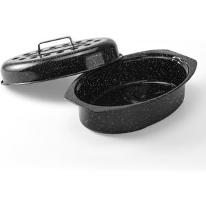 13" Roasting Pans for Ovens Porcelain Enameled Steel Oval Roaster Pan with Domed Lid for Small Turkey, Chicken, Vegetable, Lamb, Sourdough Bread (Black-13 Inch)