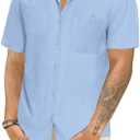 Mens Cotton Linen Short Sleeve Shirts Cuban Camp Button Down Beach Vacation Tops with Pocket (L)