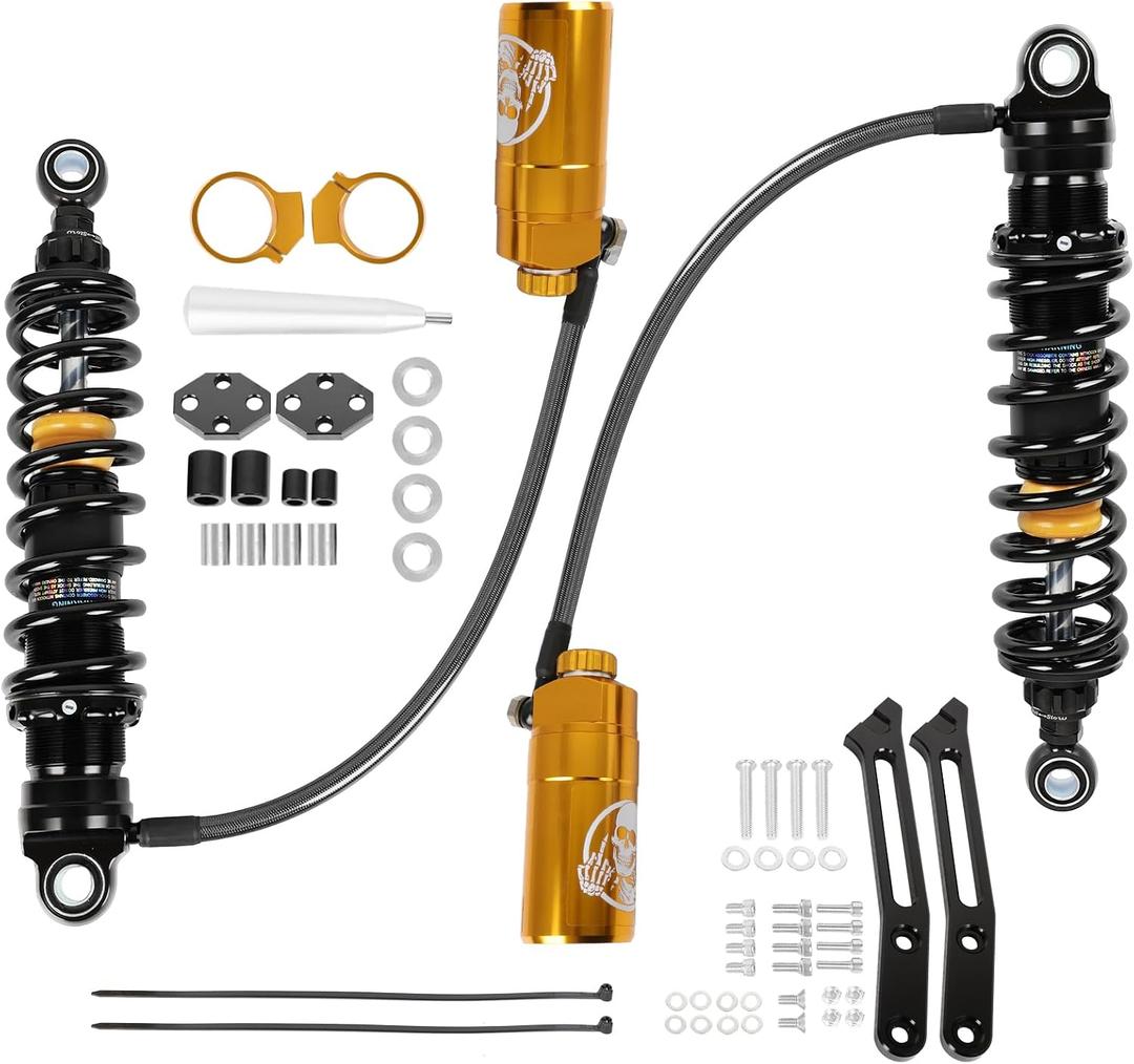 Upgraded Motorcycle Adjustable Remote Reservoir Rear Suspension Shocks Set Fits for Harley Davidson Touring Road Glide Road King Street Glide 2014-2025 Golden