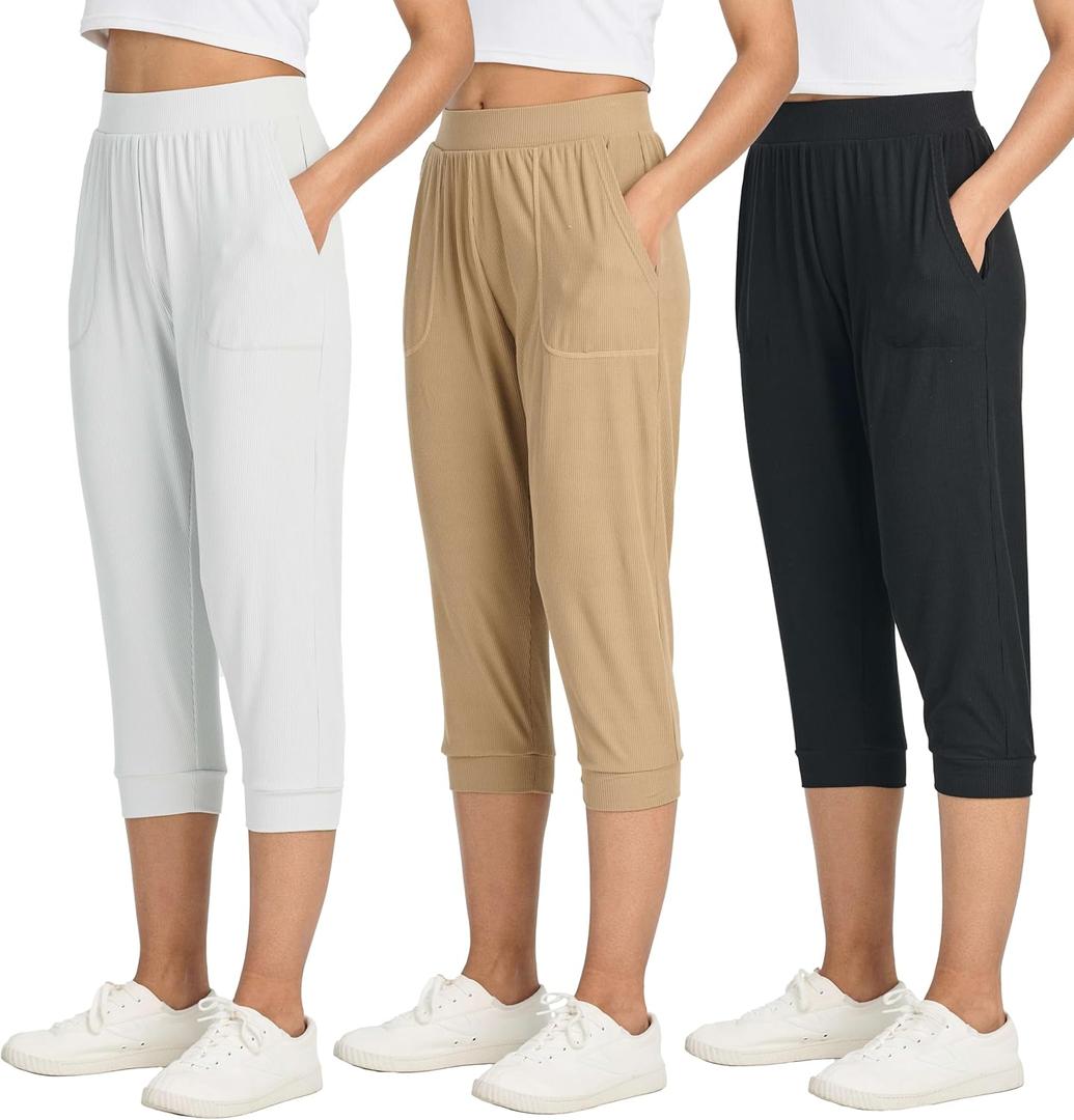 Real Essentials 3 Pack: Women's Ribbed Capri Jogger Lounge Sweatpants with Pockets Yoga Workout (S)