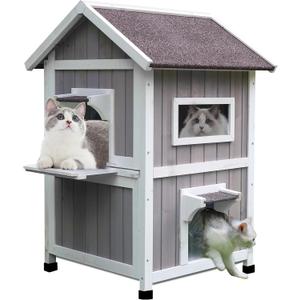Rockever Outdoor Cat House, Large Outdoor Houses for Feral Cats Wooden Outside Cat Shelter Weatherproof with Escape Door