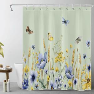 Blue and Yellow Floral Shower Curtain Butterfly and Flower Botanical on Sage Green Shower Curtain Set for Bathroom Spring Wildflower Plant Fabric Bath Curtain with 10pcs Hooks,60x72 Inch