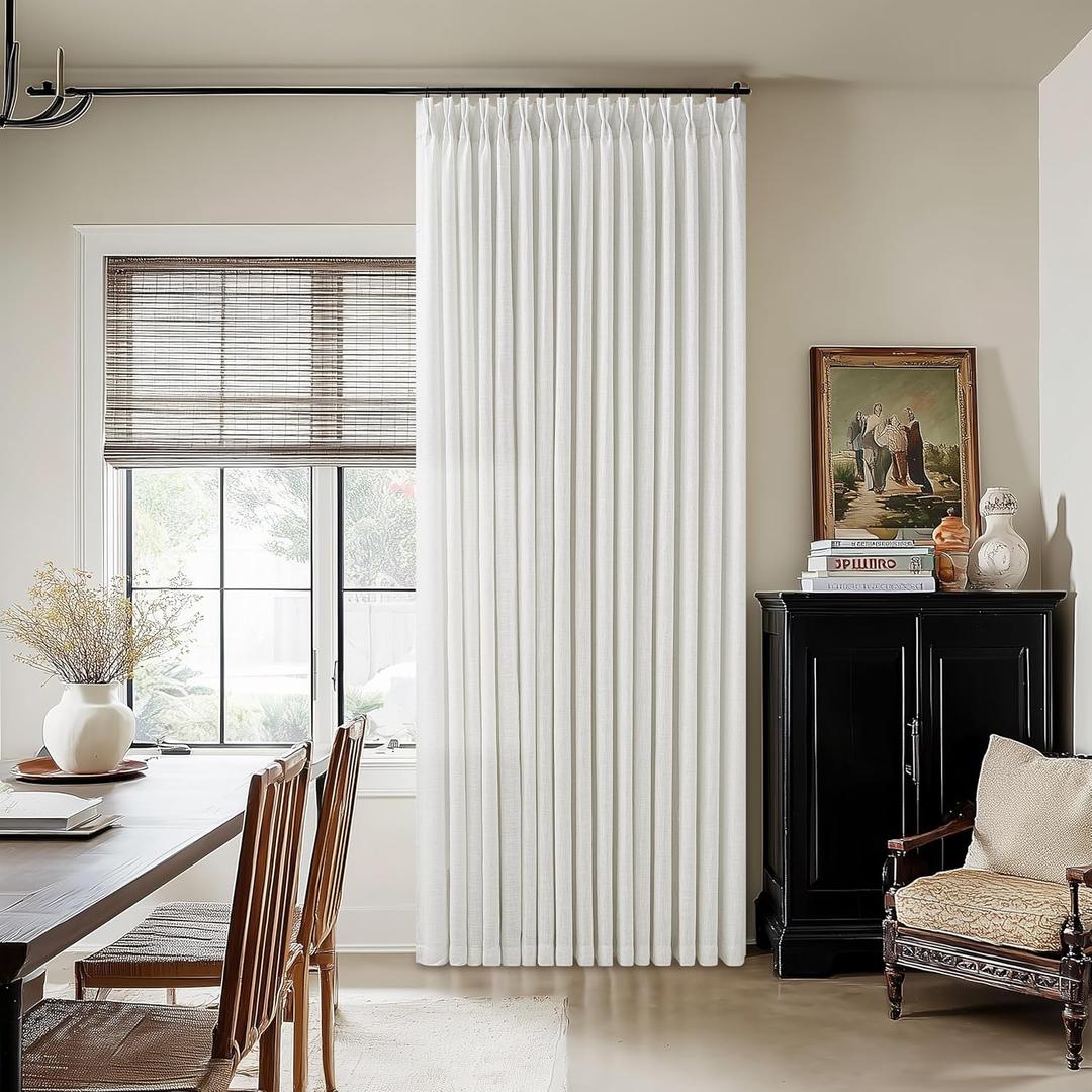 Ivory White Extra Wide Pinch Pleat Linen Curtains 84 Inches Long for Living Room Sliding Glass Door 70 Inch Wide Curtain Memory Trained Pleated Drape Hooks Rings 70x84 Large Window Curtain 1 Panel
