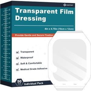 Transparent Film Dressing 4" x 4.75", Packs of 50 Waterproof Wound Bandage Adhesive Patches, Wound Cover Patches for Post Surgical Shower, IV Shield, Tattoo Aftercare Bandage
