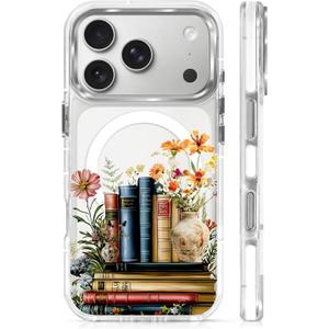 Magnetic Case for iPhone 17 Pro Design On Clear Base, Compatible with MagSafe Slim Protective Soft TPU Bumper Phone Cover Women Girls Case for iPhone 17 Pro Clear Book Lover Flower