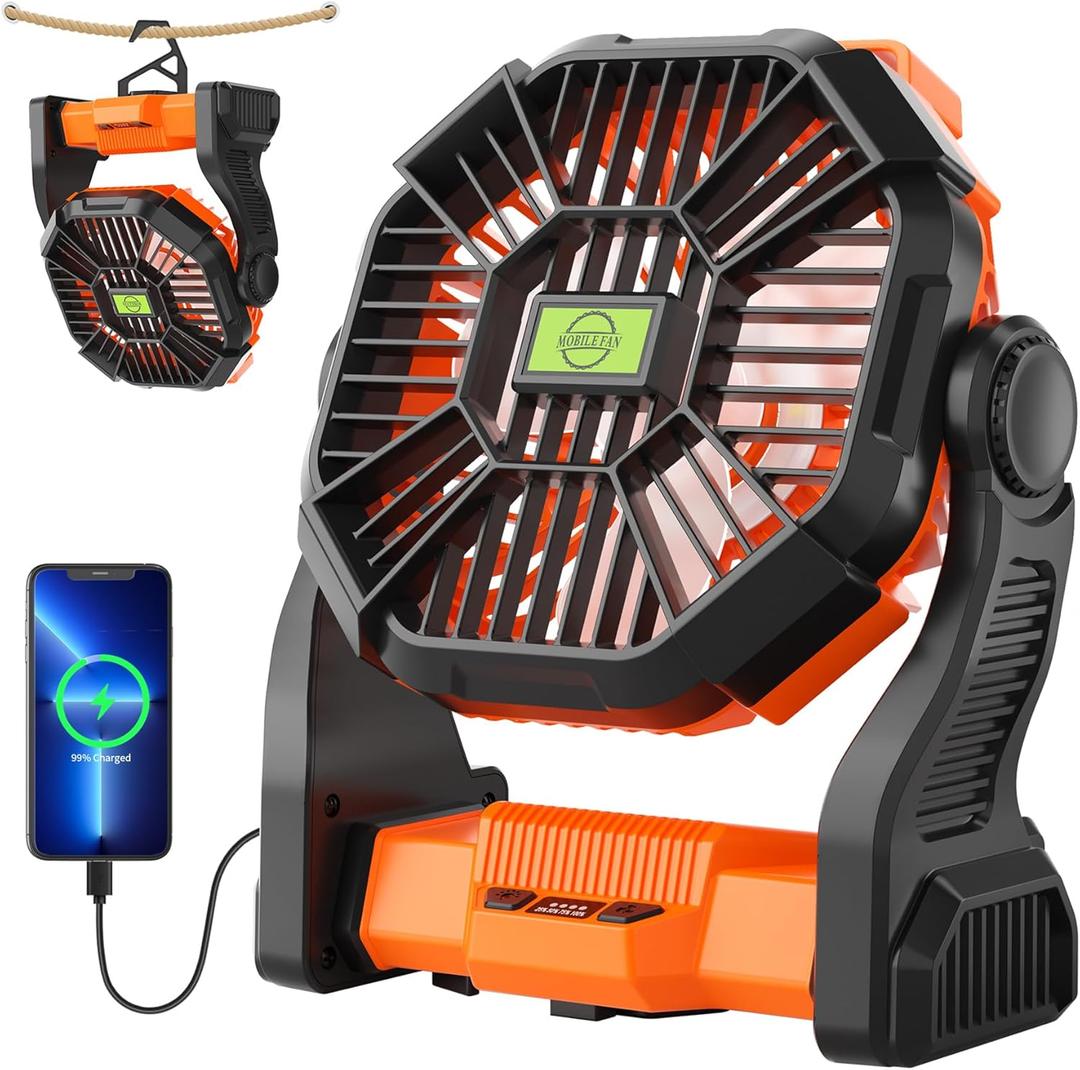 Battery Powered Fan Portable Fan Rechargeable,270Pivot Battery Operated Fans Camping Fan with LED Light & Hook,USB Personal Rechargeable Outdoor Camping for Tent, Travel (Orange)