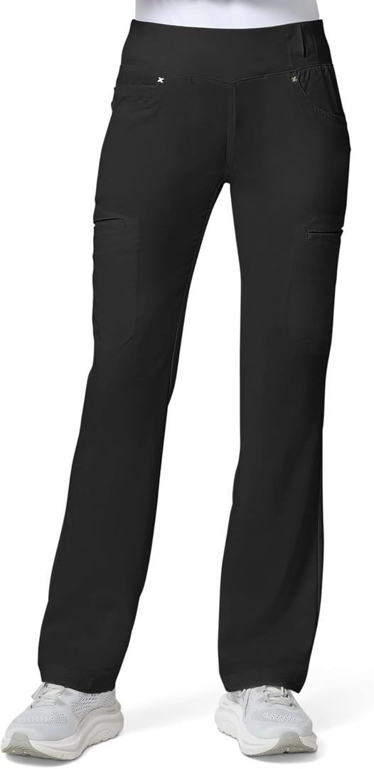 Cherokee Scrubs for Women Mid Rise Straight Leg Scrub Pants For Women Pull-on Bottoms with 6 Pockets & 360° Stretch - CK002 (Black, S)