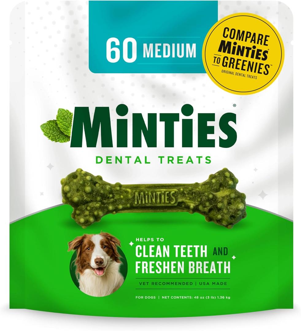 Minties Dental Chews for Dogs, 60 Count, Vet-Recommended Mint-Flavored Treats for Medium Dogs 25-50 lbs, Bones Clean Teeth, Fight Bad Breath, and Removes Plaque and Tartar (3 Pound, Pack of 1)