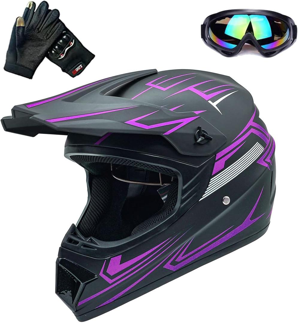 Kids Dirt Bike Helmet ATV Off-Road 4 Wheel Off-Road Vehicle Helmets with Glove，DOT, Large