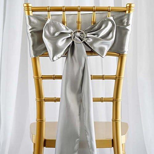 TABLECLOTHSFACTORY 25pcs Silver Satin Chair Sashes Tie Bows Catering Wedding Party Decorations 6 x 106