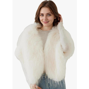 Women Elegant Faux Fur Gown Shawl Flurry Collar Warm Cover Up Fashion Wrap for Bride Wedding Party (White)