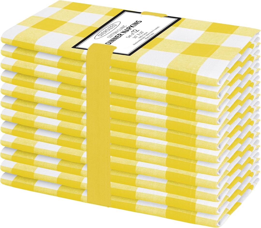 Cotton Clinic Set of 12 Cloth Napkins Gingham Check 100% Cotton 20x20 inches - Soft Durable Washable - Ideal for Events Wedding Holidays Easter - Perfect Everyday Use Table Dinner Napkins Yellow
