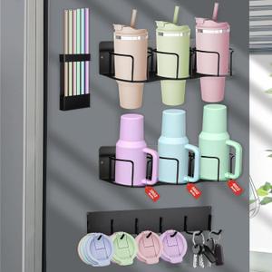 Magnetic Cup Holder for Fridge, 4-Piece Set Water Bottle Organizer for Stanley 20/30/40 oz with Straw and Tumbler Lid Organizer,Kitchen Pantry Organizers,Super Magnetic Cup Holder for Stanley (Black)