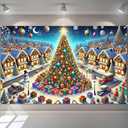 BlissYard Christmas Village Backdrop 70.9 x 43.3 Inch Winter Wonderland Tree and Snowy Houses Banner with Gifts, Snowman & Lights for Indoor Outdoor Holiday Party Photo Background