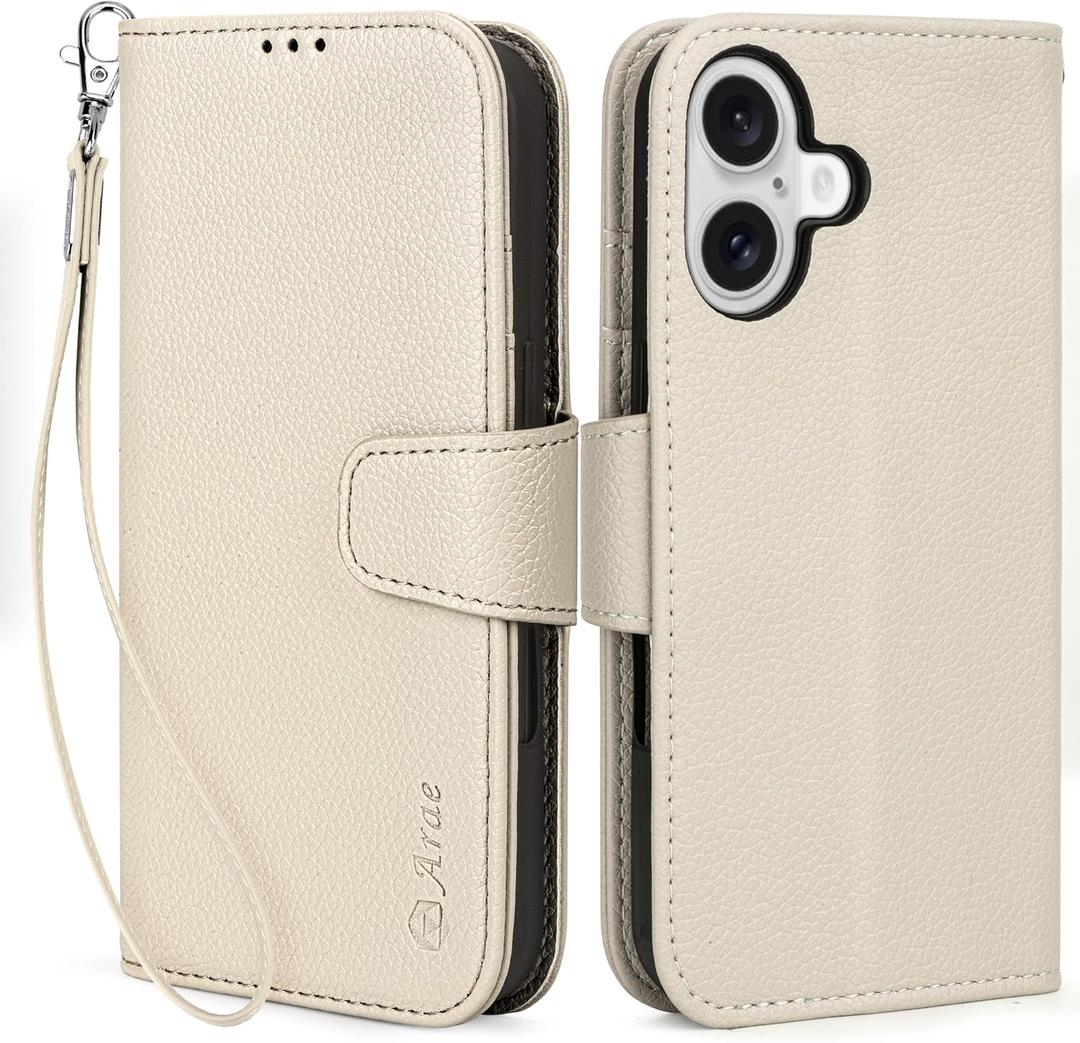 Arae Compatible with iPhone 16 Case Wallet with Card Holder, Wristlet Strap Wallet Flip Cover for iPhone 16 6.1 inch Men/Women, RFID Blocking, Kickstand, Litchi Beige
