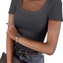 ANRABESS Women Short Sleeve Tops Scoop Neck Ribbed Knit Slim Fitted Basic Tee Shirts Casual Summer Clothes 2025 Fall Outfits (X-Small, Dark Grey)