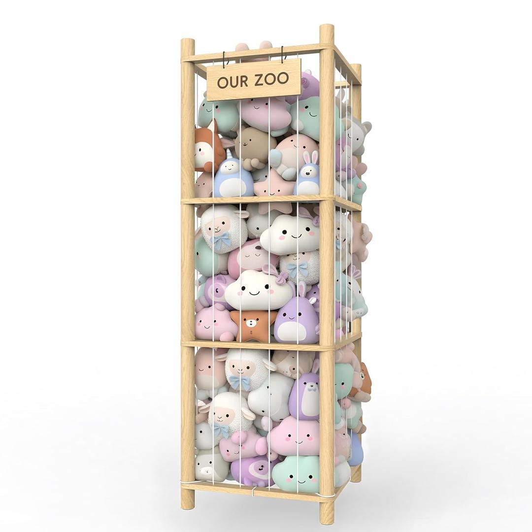 Stuffed Animal Storage Organizer, 53.5" Solid Wood Zoo Toy Holder for Kids Bedroom, Nursery & Playroom, Large Plush Toy Storage Holder, Holds 40 Plush Stuffed Animals, No-Tool Easy Assembly (Log color)