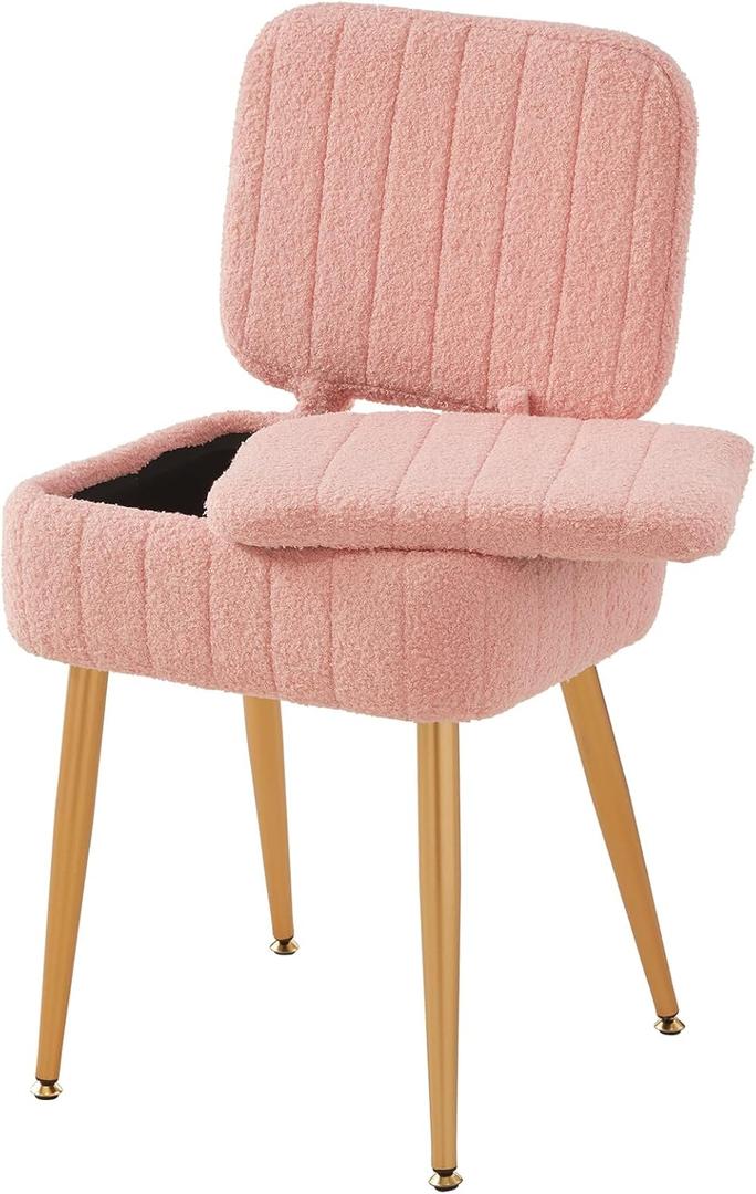 Updated Vanity Chair, Storage Ottoman with Folding Back & Gold-Toned Metal Legs, Ottoman Seat with Teddy Velvet for Dressing Room Living Room Bedroom, 16" x 12.5" Inch (Pink)