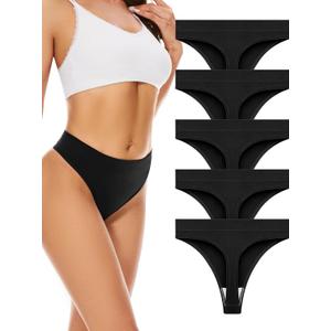 voenxe Seamless Womens Thong Underwear,High Waisted Tanga Woman No Show Panties,Breathable Workout Comfortable Undies,5 Pack (Medium, Black)