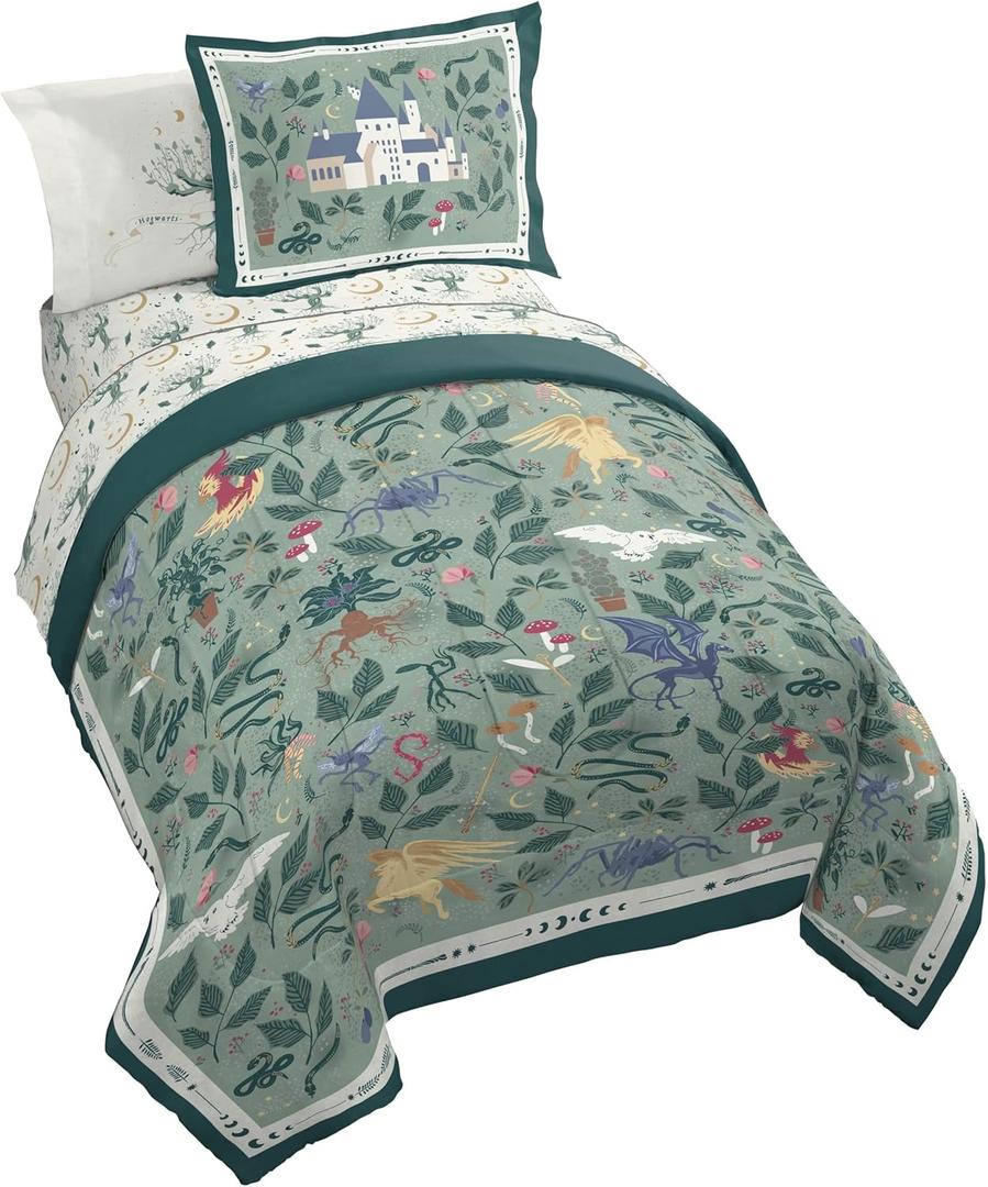 Jay Franco Kids Comforter Set Includes Sheets and Pillow Covers - Soft and Cozy Bed Set for Stylish Room Decor, Official Licensed Product, Green - Harry Potter, 7 Piece Full