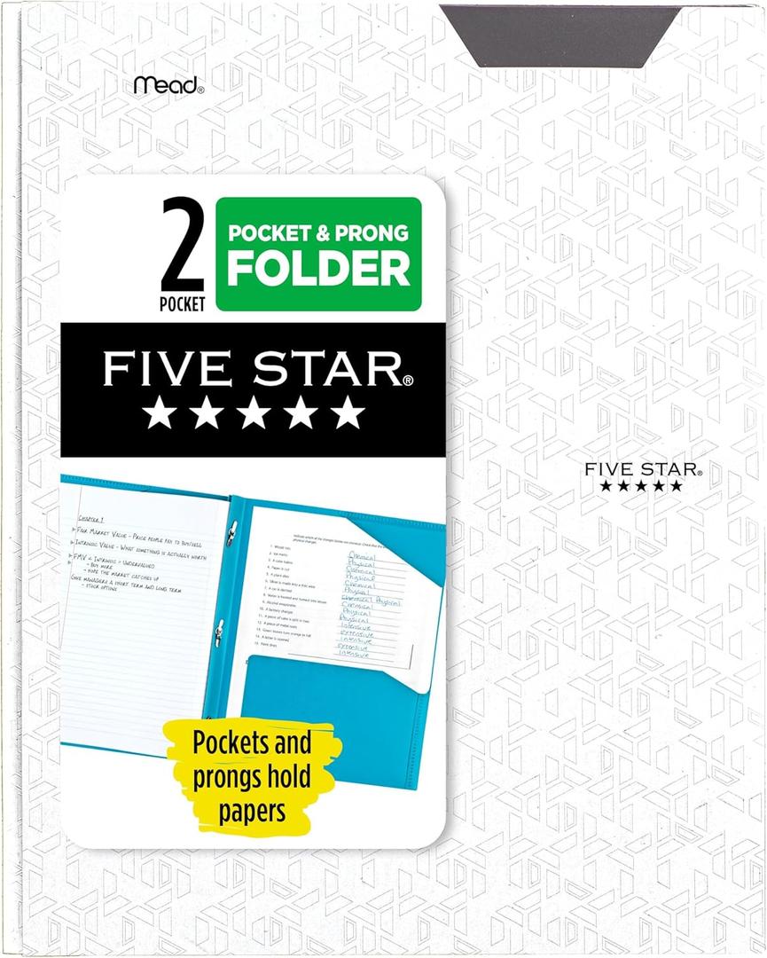Five Star 2-Pocket Folder, Plastic Folder with Stay-Put Tabs and Prong Fasteners, Holds 8-1/2" x 11" Paper, White (72494)