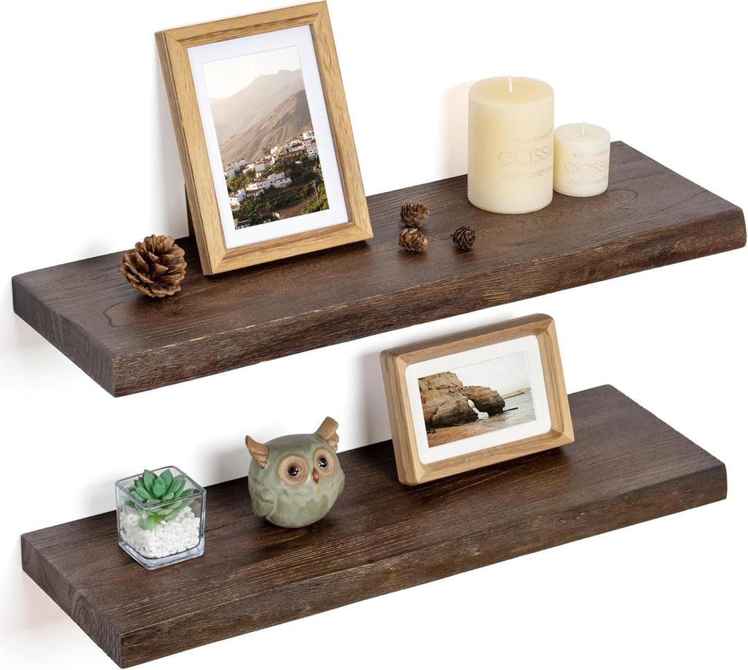 Floating Shelves for Wall Decor, Rustic Solid Elm Wood Floating Shelves Wall Mounted, Wall Shelves with Invisible Bracket for Living Room Bedroom Kitchen, 24 Inch Set of 2, Walnut (24inch)