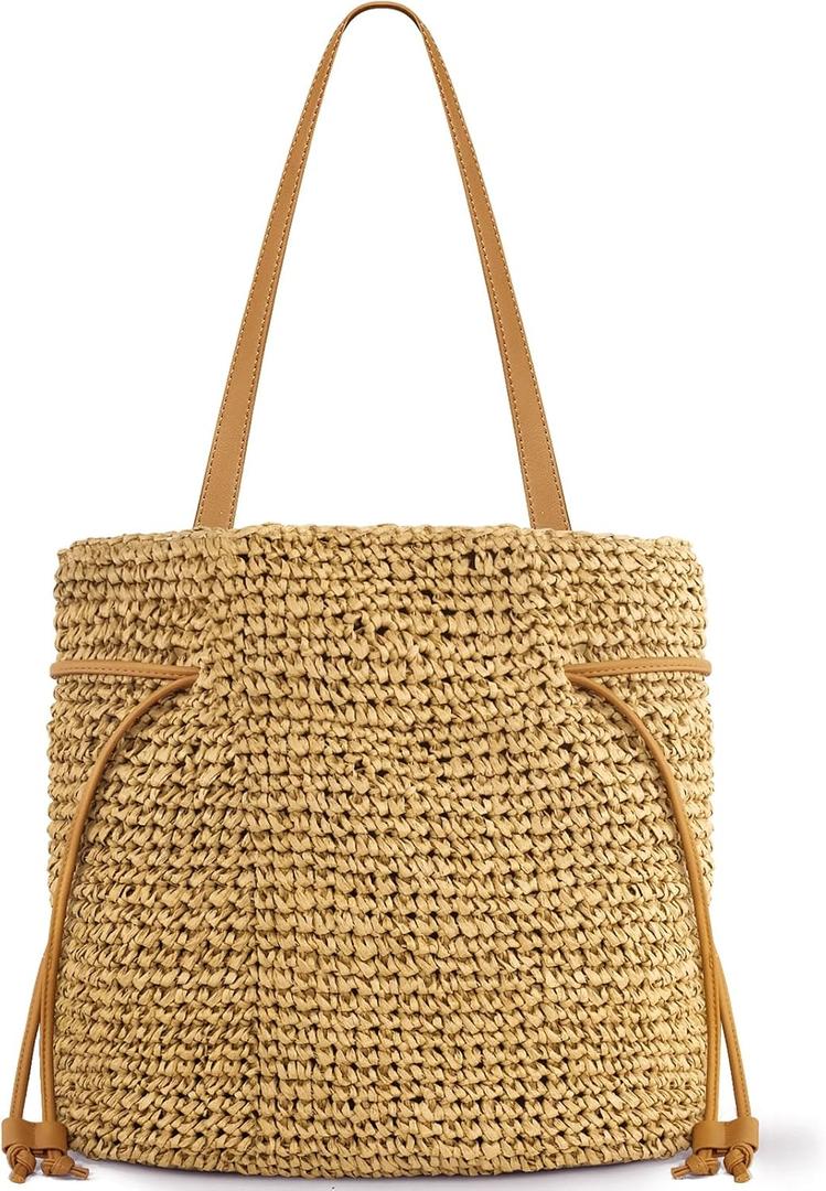 Hand Woven Straw Purses for Women 2025, Adjustable Large Beach Bag Summer Beach Tote Shoulder Bag for Vacation (Khaki)