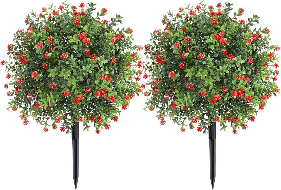 24inch Artificial Boxwood Topiary Ball Tree, Fake Bushes with Red Flowers, Faux Shrubs Plant with Ground Spike for Outdoor Indoor Yard Garden (Set of 2)