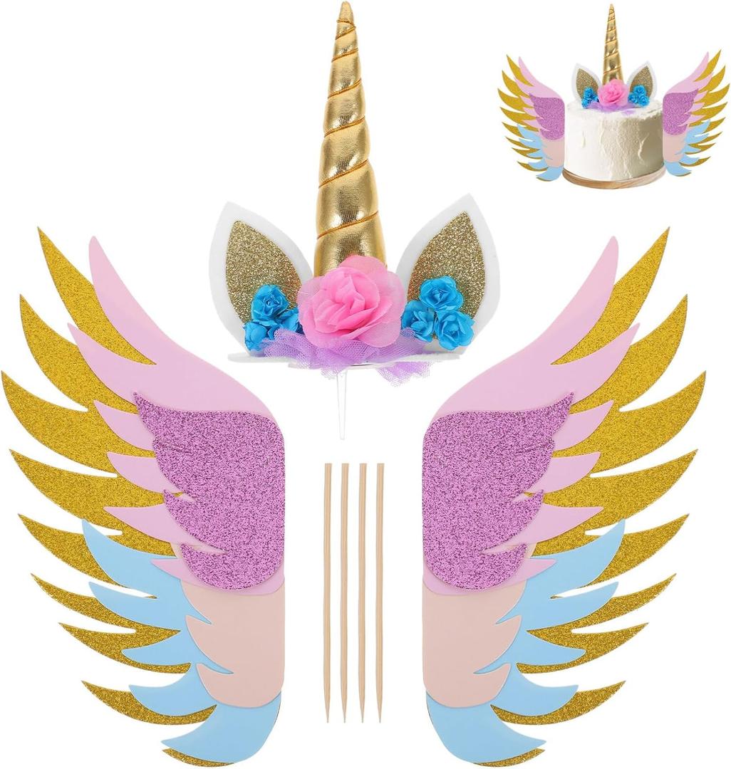 LUOEM Glitter Cake Toppers with Wings 3 Pcs Edible Cake Decorations for Birthday Baby Shower Wedding Party and Home Celebration