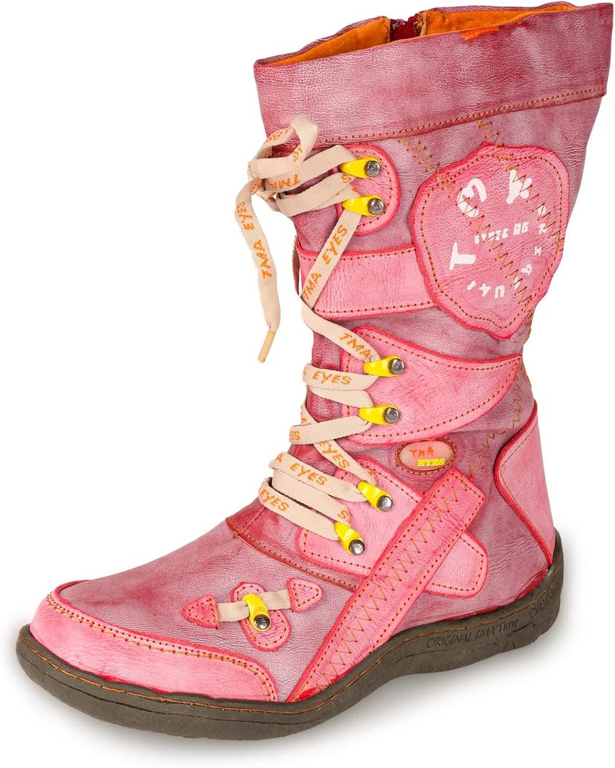 TMA EYES Patchwork Stitch-Detail PU Leather Mid-Calf Women's Boot (9.5, Red)