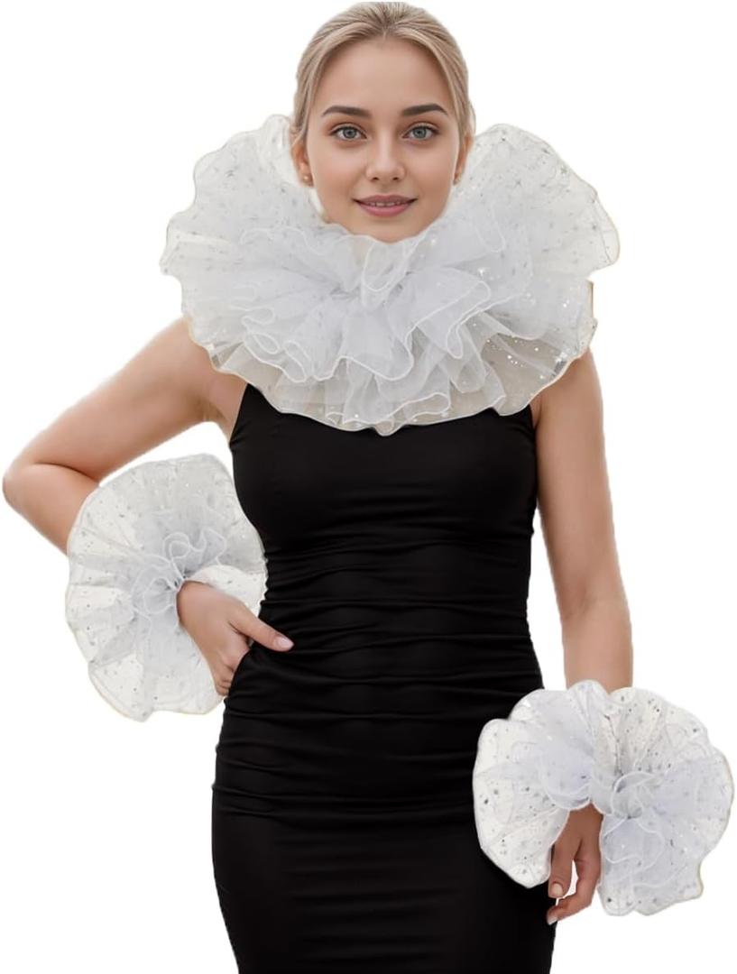Renaissance Victorian Ruffle Collar and Wrist Cuffs Set Organza Colonial Clown Choker Neck Collar Cuff (White)