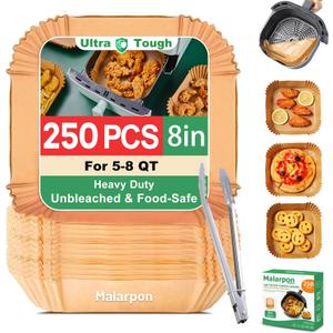 250 Pcs Air Fryer Liners Disposable 8 Inch, Non-Stick Oil-Resistant Air Fryer Paper Liners for 58 QT Baskets, Parchment Paper Liners for Air Fryer, Oven, and Microwave Use (Square)