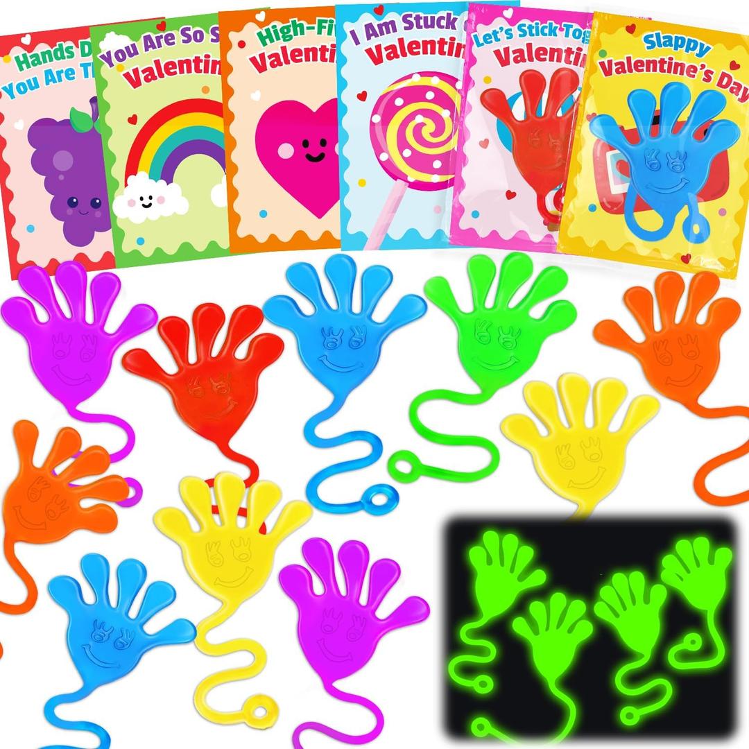 30PCS Sticky Hands with Cards Valentines Day Gifts for Kids School Glow Toys Valentine Exchange Cards for Kids Classroom Toddler Boy Girl Valentines Class Party Favors Goodie Bag Stuffers Bulk Prizes