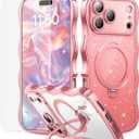 3 in 1 for iPhone 17 Pro Max Case with 360 Spin Magnetic Stand, 1X DIY Glitter Cardstock +1X Screen Protector, [Fit for Magsafe]Cute Wavy Trendy Glossy Clear Phone Cover for Women Girls 6.9", Pink