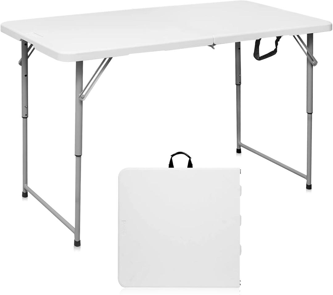 Byliable Folding Table 4 Foot Portable Heavy Duty Plastic Fold-in-Half Utility Table Small Indoor Outdoor Adjustable Height Folding with Carrying Handle, Camping and Party, White