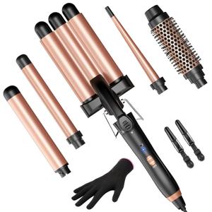 5 in 1 Curling Iron Curling Wand, Curling Iron Set with A Thermal Brush, A 3-Barrel Hair Crimper Iron, 3 Ceramic Curling Irons (0.35 "-1.25"), 2 Temps 30S Fast Heat Hair Curler Waver with Glove & Clip (Rose Gold)