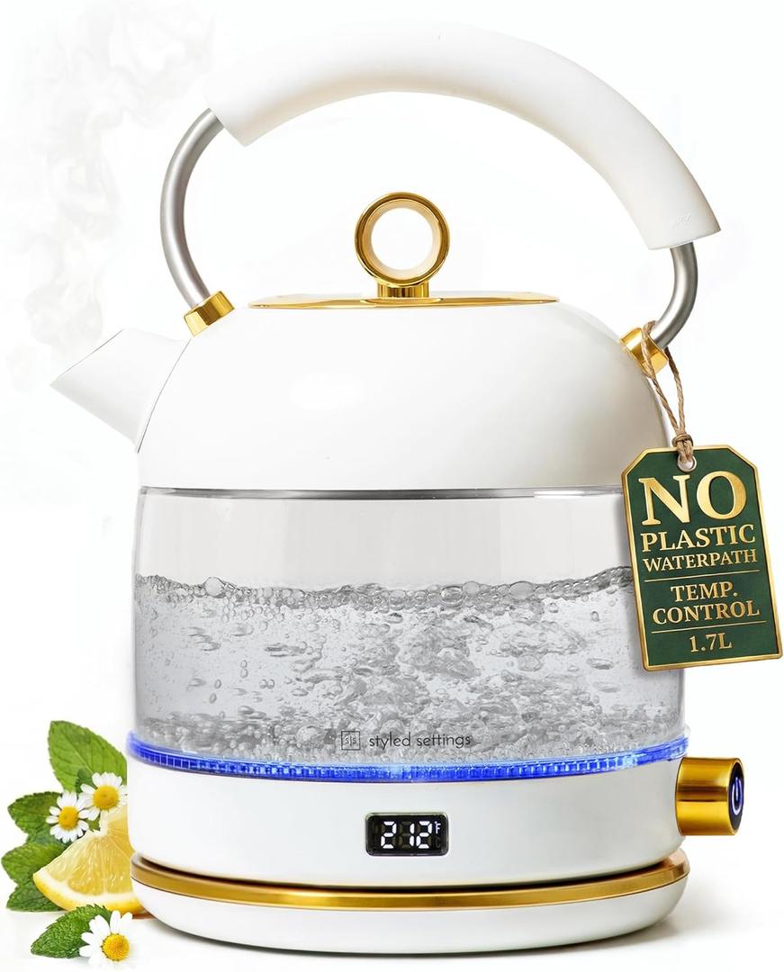 White Electric Tea Kettle with Temperature Control - 1500W Fast Hot Water Boiler and Warmer - White and Gold Electric Kettle with Keep Warm Function, BPA-Free Glass Body, Stylish Design, Auto Shut-Off