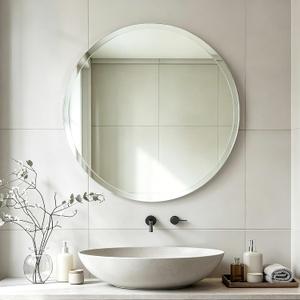 24 Inch Frameless Round Bathroom Mirror, Silver Beveled Edge Wall Mirror