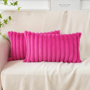 Soleebee Set of 2 Throw Pillow Covers Soft Cozy Velvet Pillowcase Faux Rabbit Fur Cover for Couch Sofa Bed Chair Home Decorative Pillows Cover (12x20 Inch, HOT Pink)
