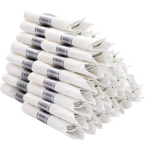 400PCS Pre Rolled Silver Plastic Silverware Sets, Heavy Duty Silver Cutlery, Include 100 Pack Wrapped Disposable Utensils with Napkins for Parties and Weddings