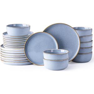 GBHOME Ceramic Dinnerware Sets for 8, 24 Pieces Stoneware Plates and Bowls Sets, Scratch Resistant Dishes, Dishwasher & Microwave Safe, Reactive Glaze-Brunnera Blue