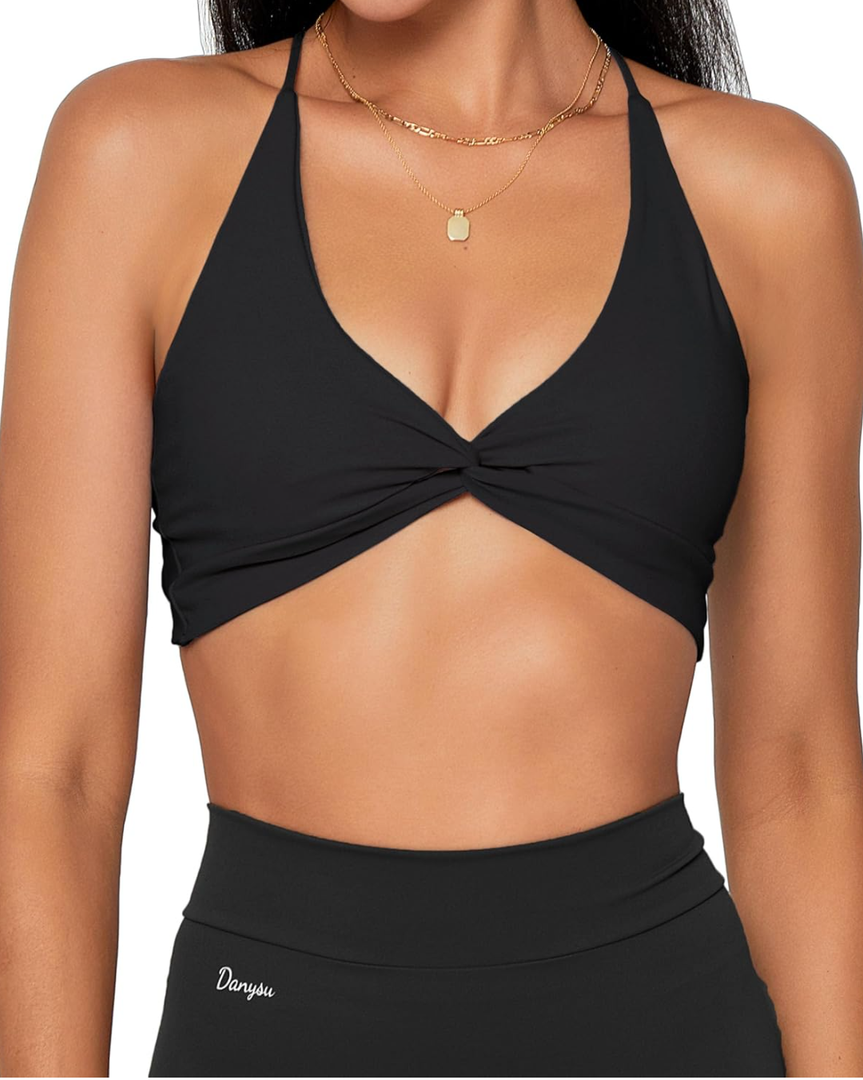 Danysu Backless Sports Bra Soft Workout Tops with Removable Padded Yoga Training Bras Strappy Going Out Top , Size M