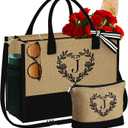 YOOLIFE Mothers Day Gifts - Initial Jute Tote Bag & Makeup Bag, Personalized Gifts for Women Mom Wife Teacher Friend Birthday