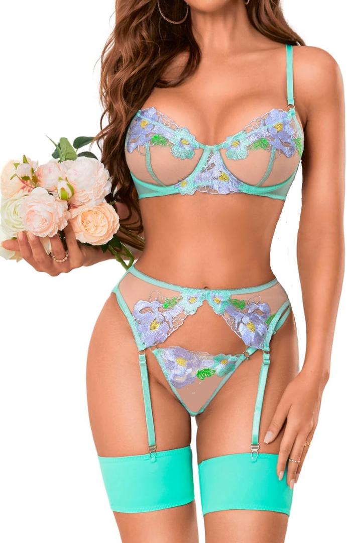 Kaei&Shi Garter Lingerie for Women, Underwire Floral Embroidered Sheer Sexy Lingerie, Matching Thong 3 Piece Lingerie Sets Boudoir Valentines Petite Mint Green, Small