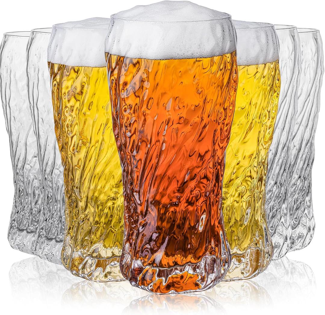wookgreat Tall Beer Glasses, Set of 8 Hammered Glass Cups, highball glasses, 17oz Tumbler Drinking Glass Set, Cocktail Drinking Glasses, Water Cups, Bar Glassware, Juice, Iced Tea, Margarita