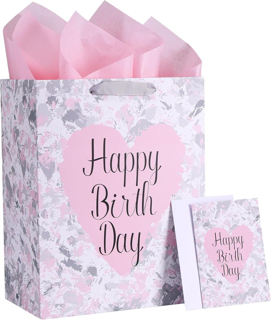 SUNCOLOR 13" Large Birthday Gift Bag with Tissue Paper&Greeting Card-For Moms,Girls' Birthday